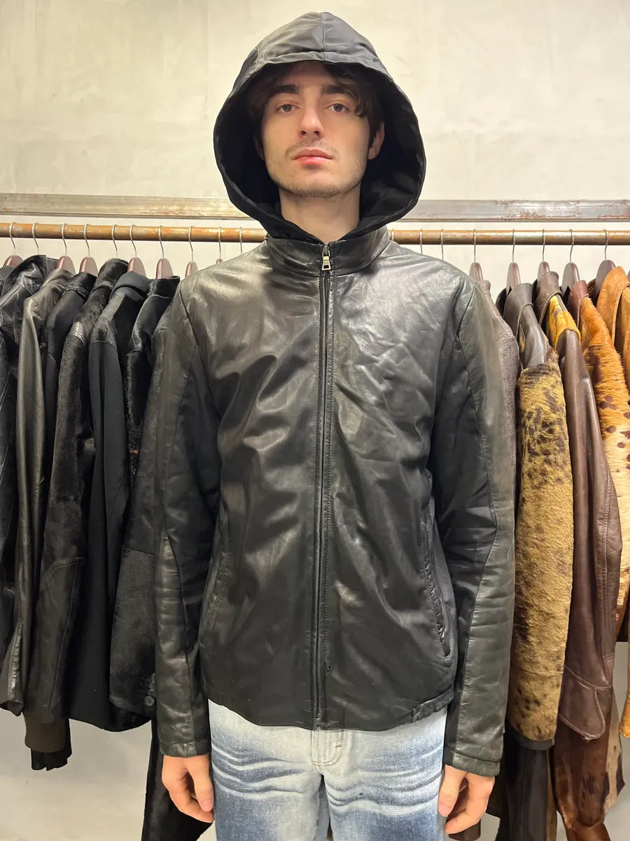 2000s Prada Black Lamb Leather Hooded Nylon Jacket (M) 2