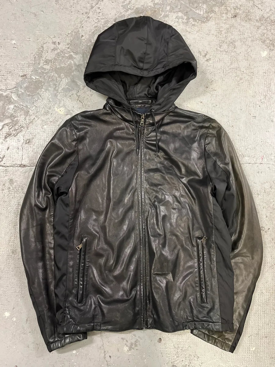2000s Prada Black Lamb Leather Hooded Nylon Jacket (M) 3