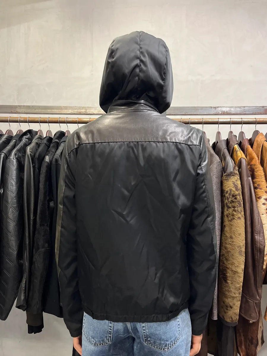 2000s Prada Black Lamb Leather Hooded Nylon Jacket (M) 4