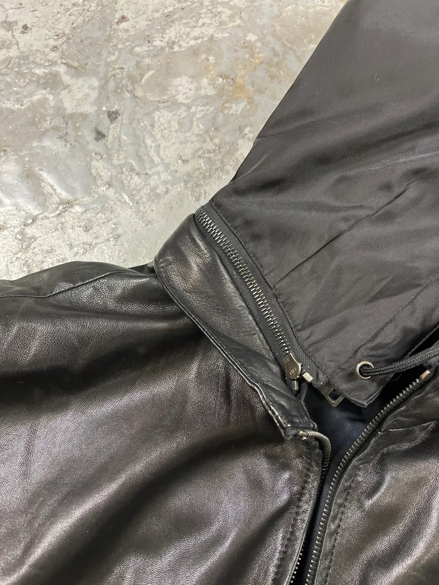 2000s Prada Black Lamb Leather Hooded Nylon Jacket (M) 7