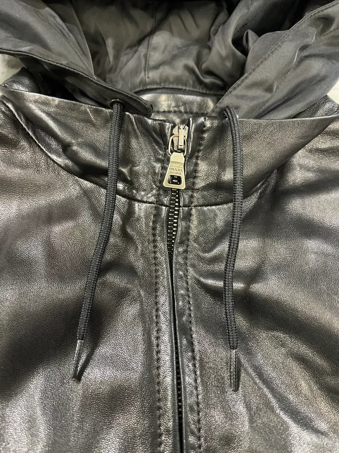 2000s Prada Black Lamb Leather Hooded Nylon Jacket (M) 8