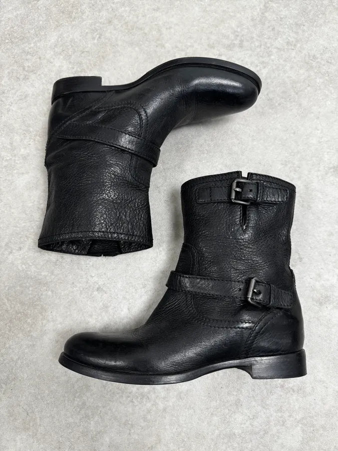 2000s Prada Black Buckle Leather Grained Boots QrwMQud 2