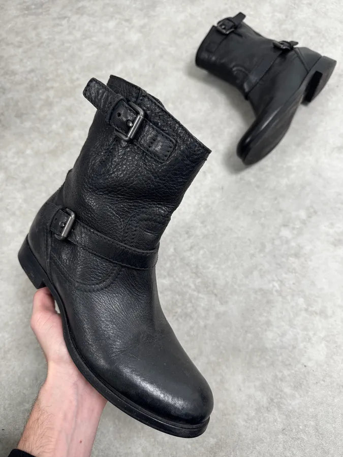 2000s Prada Black Buckle Leather Grained Boots QrwMQud 0