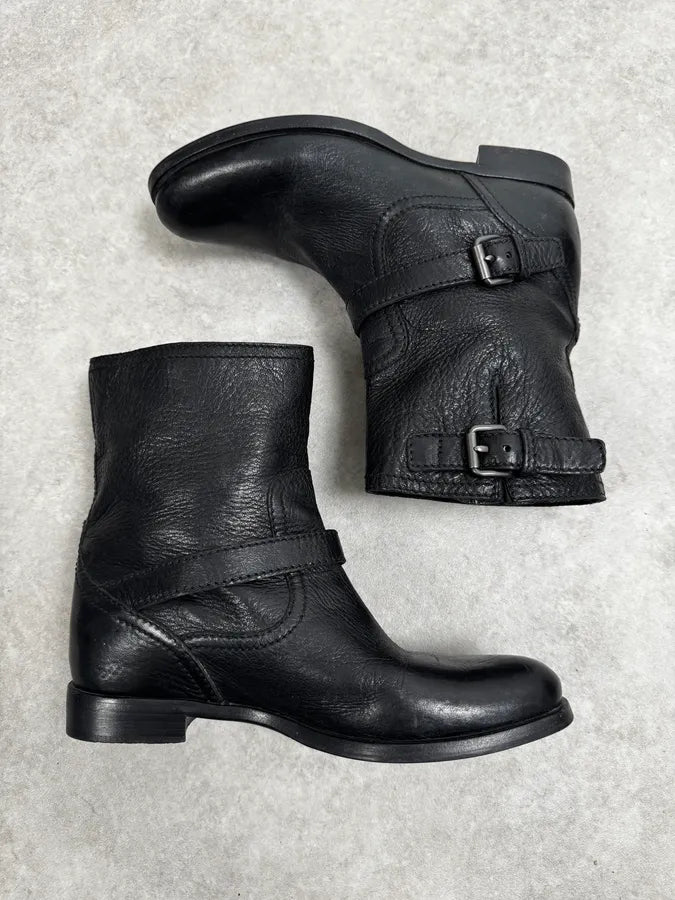 2000s Prada Black Buckle Leather Grained Boots QrwMQud 1
