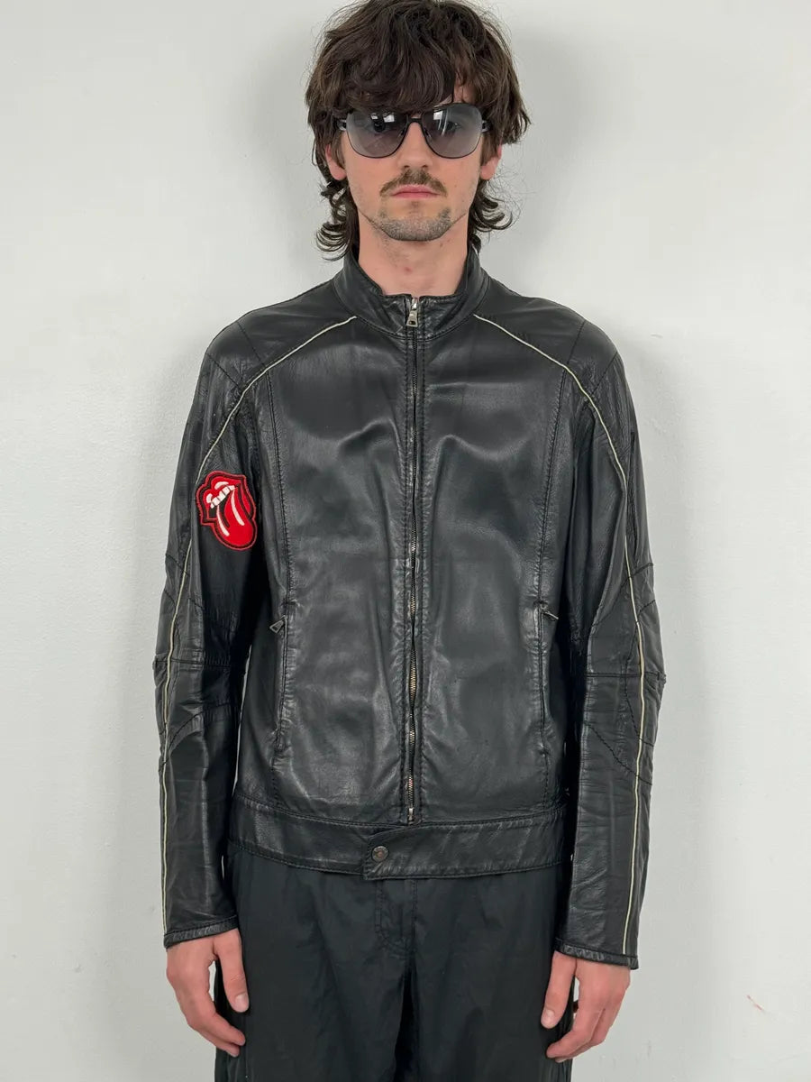 2000s Prada Black Leather Lips Biker Jacket XXpPuNr 1