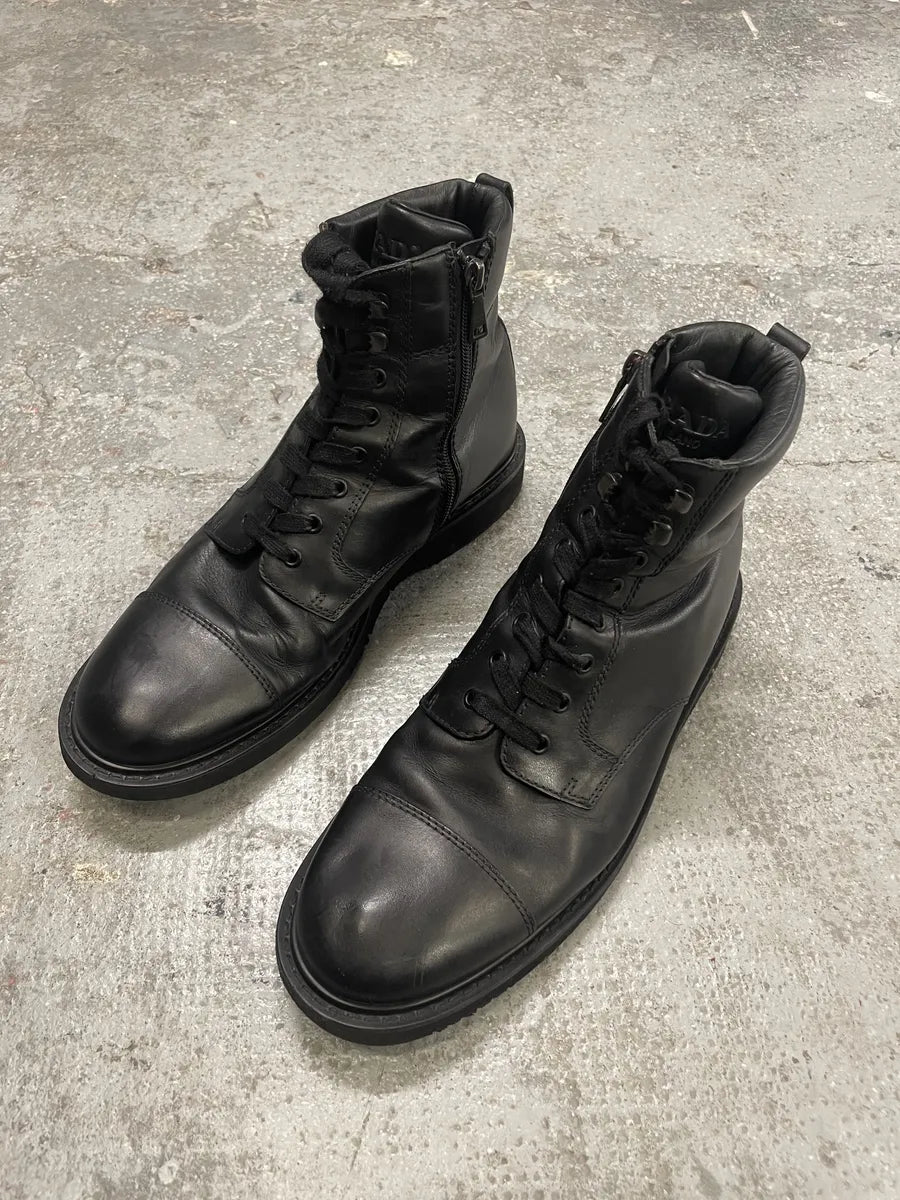 2000s Prada Black Leather Minimalist Combat Boots (45eu/us11) 2