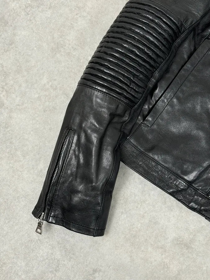 2000s Prada Black Biker Ribbed Sleeves Leather Jacket sOUBugJ 7