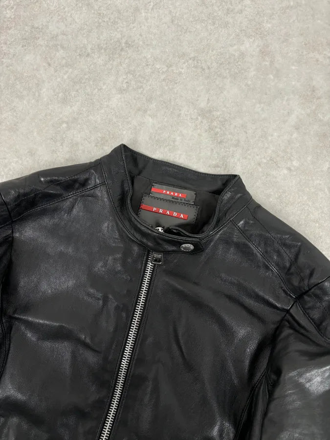 2000s Prada Black Biker Ribbed Sleeves Leather Jacket sOUBugJ 3