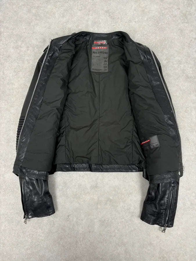 2000s Prada Black Biker Ribbed Sleeves Leather Jacket sOUBugJ 6
