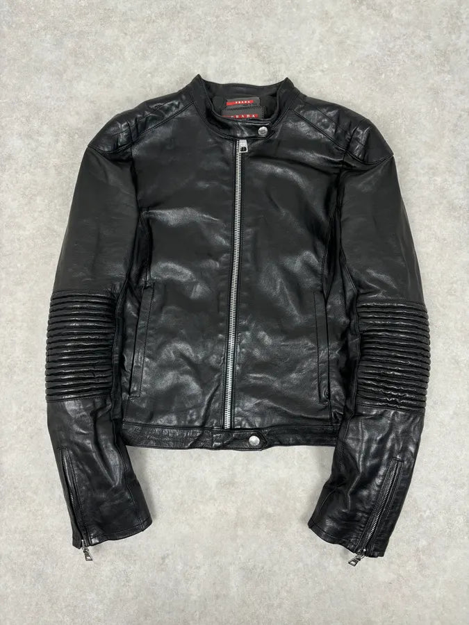2000s Prada Black Biker Ribbed Sleeves Leather Jacket sOUBugJ 0