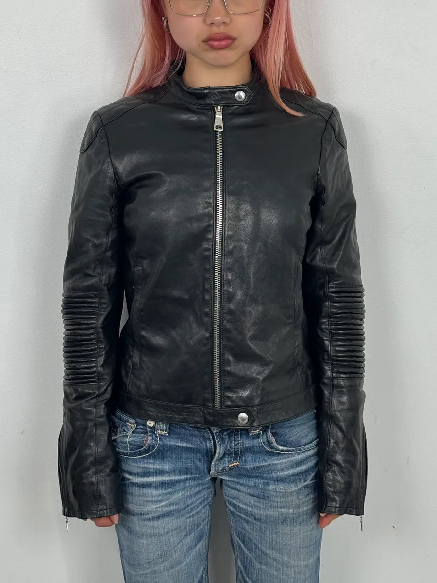 2000s Prada Black Biker Ribbed Sleeves Leather Jacket sOUBugJ 1