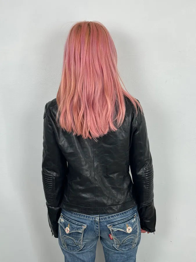 2000s Prada Black Biker Ribbed Sleeves Leather Jacket sOUBugJ 2