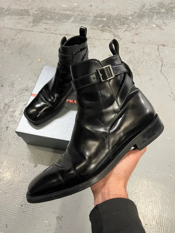 2000s Prada Black Leather Straps Boots iPwnfGQ 0
