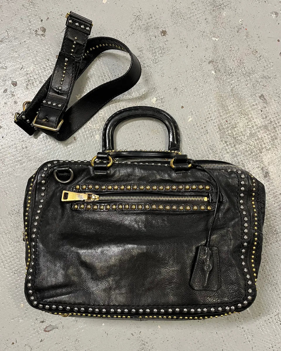 2000s Prada Black Leather Studded Shoulder Bag EjidtpD 0
