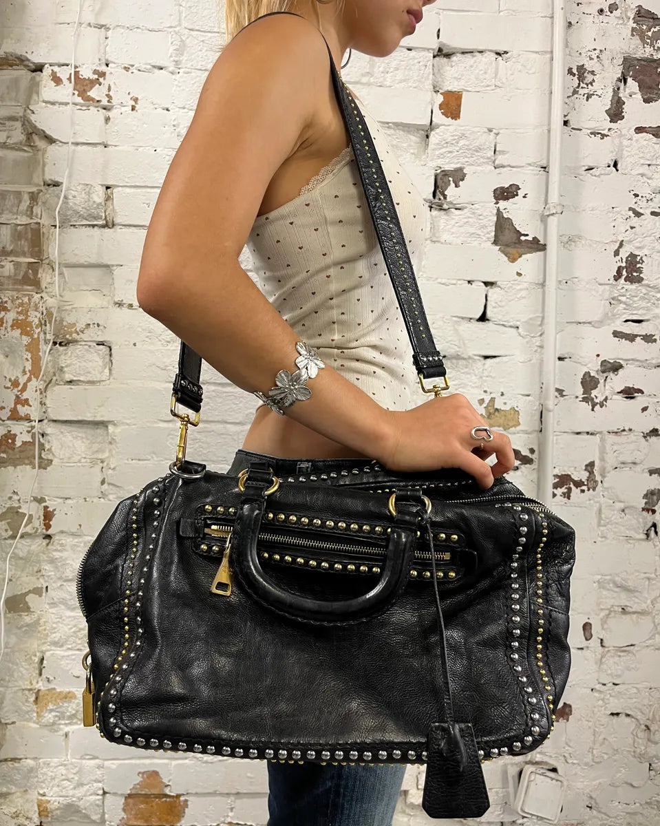 2000s Prada Black Leather Studded Shoulder Bag EjidtpD 1