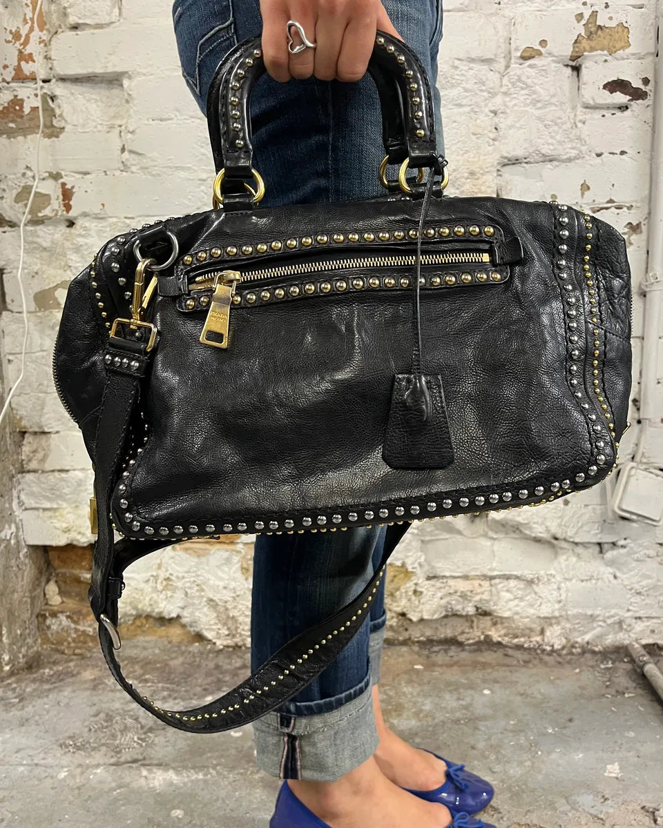 2000s Prada Black Leather Studded Shoulder Bag EjidtpD 2