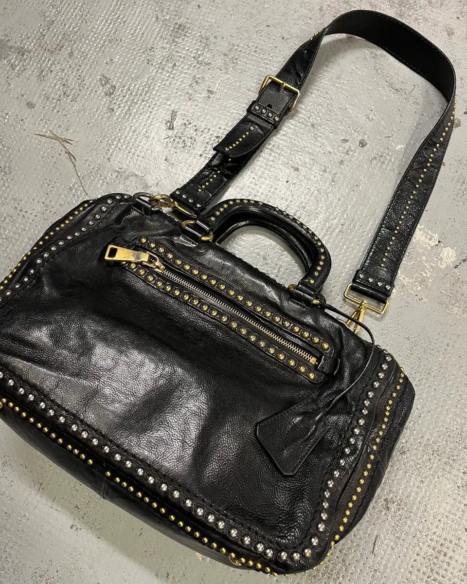 2000s Prada Black Leather Studded Shoulder Bag EjidtpD 3