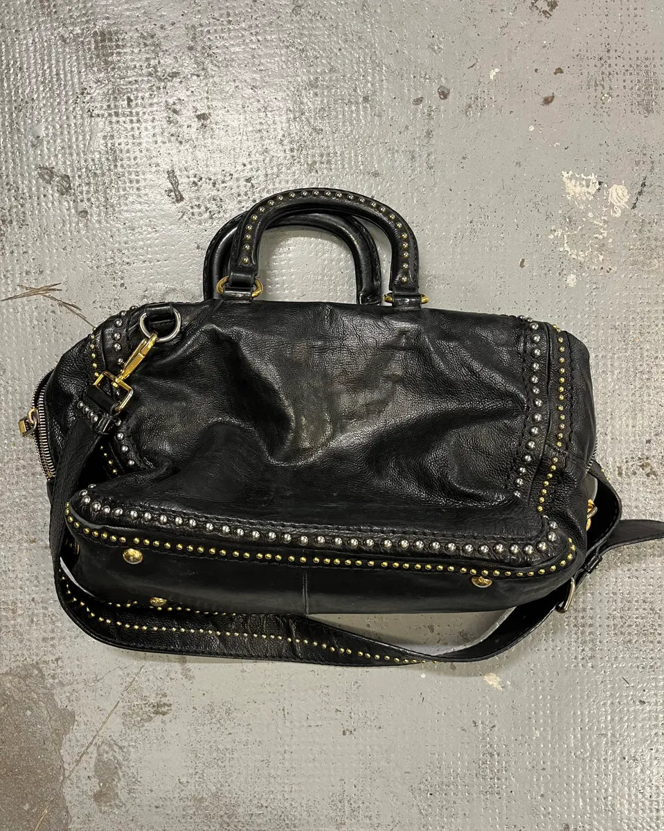2000s Prada Black Leather Studded Shoulder Bag EjidtpD 6