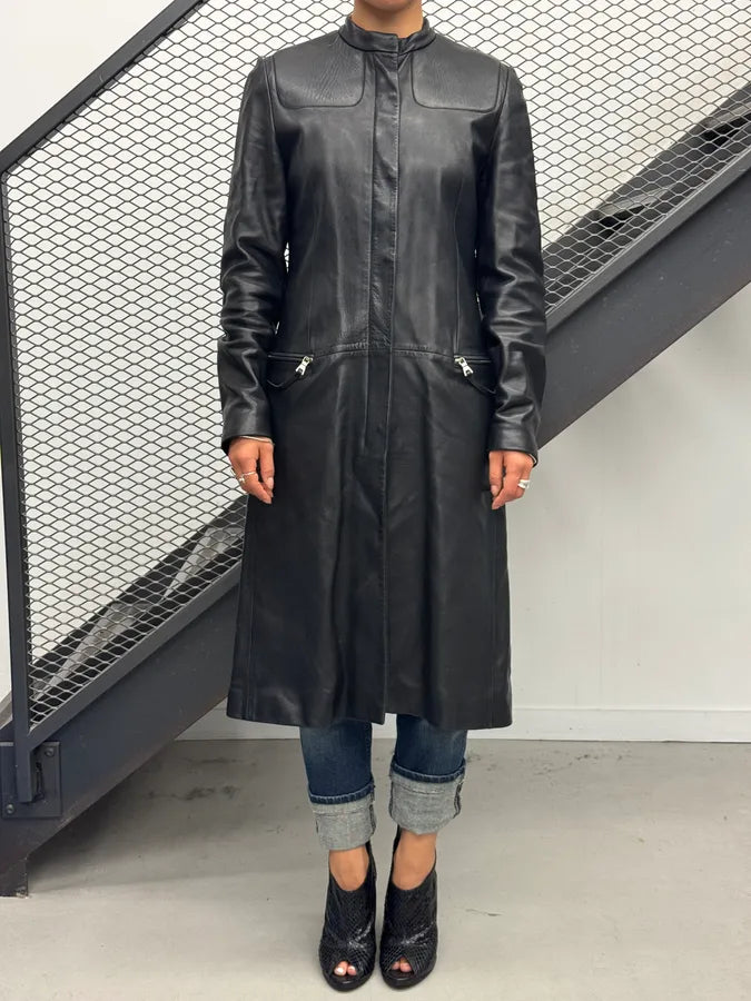 AW1999 Prada Black Padded Leather Long Trench Jacket WmbzOvZ 1