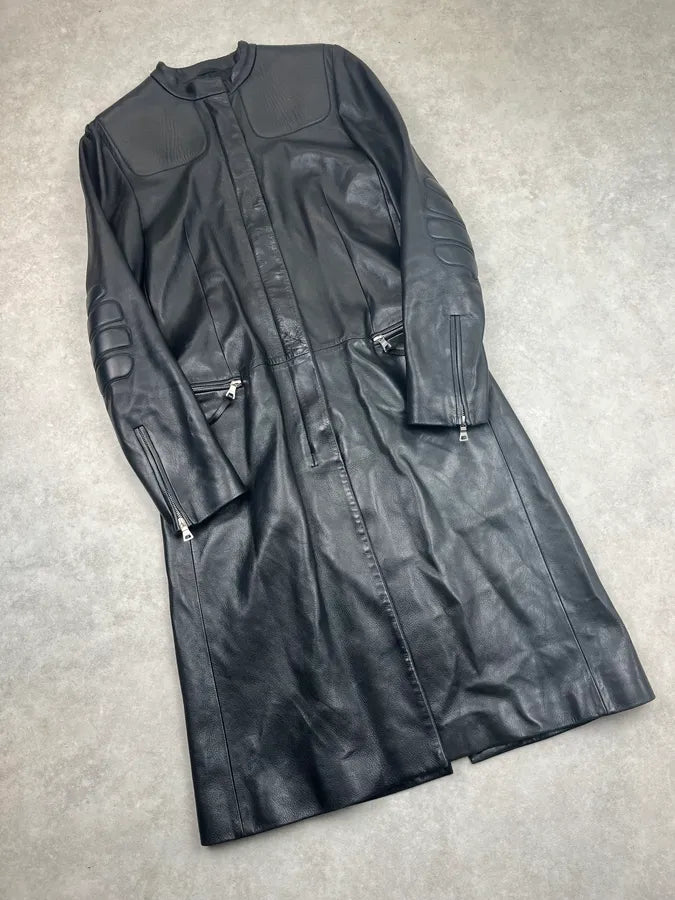 AW1999 Prada Black Padded Leather Long Trench Jacket WmbzOvZ 3