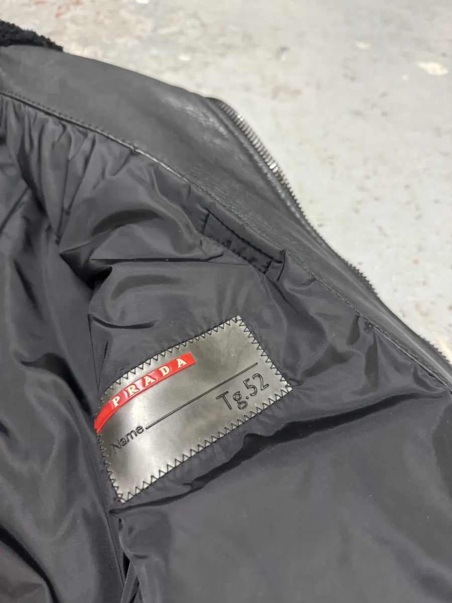 2000s Prada Black Mafia Sheep Fur Collar Leather Jacket cqefiyL 13