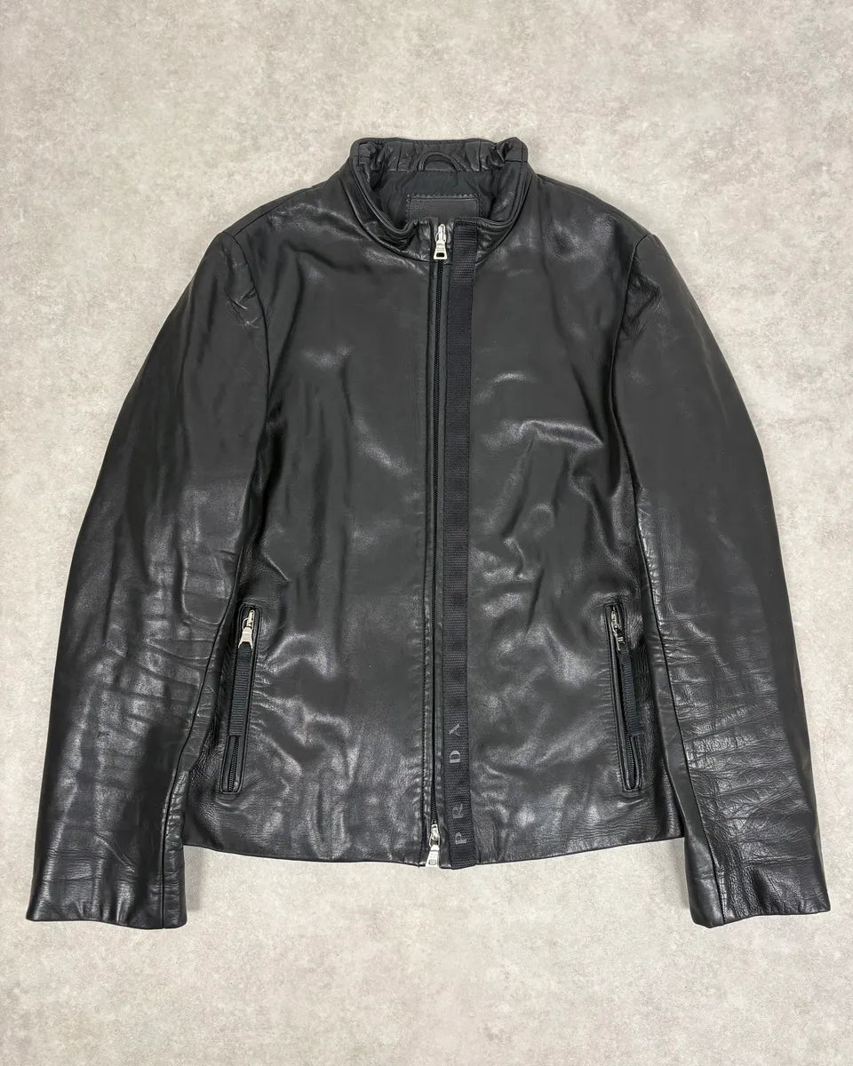 AW1999 Prada Black Minimalist Biker Leather Jacket VKjPDUE 0