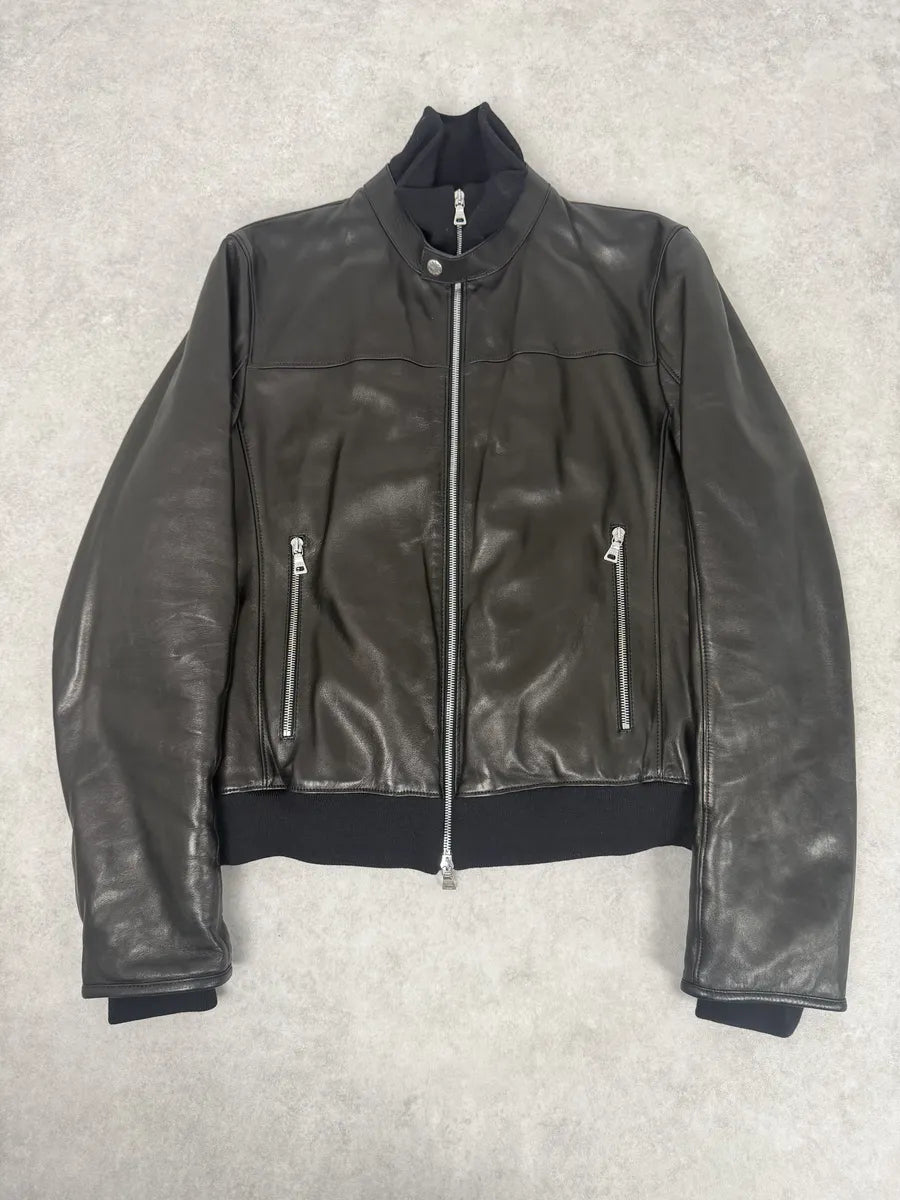 2000s Prada Black Minimalist Biker Leather Jacket MTQTyvZ 0