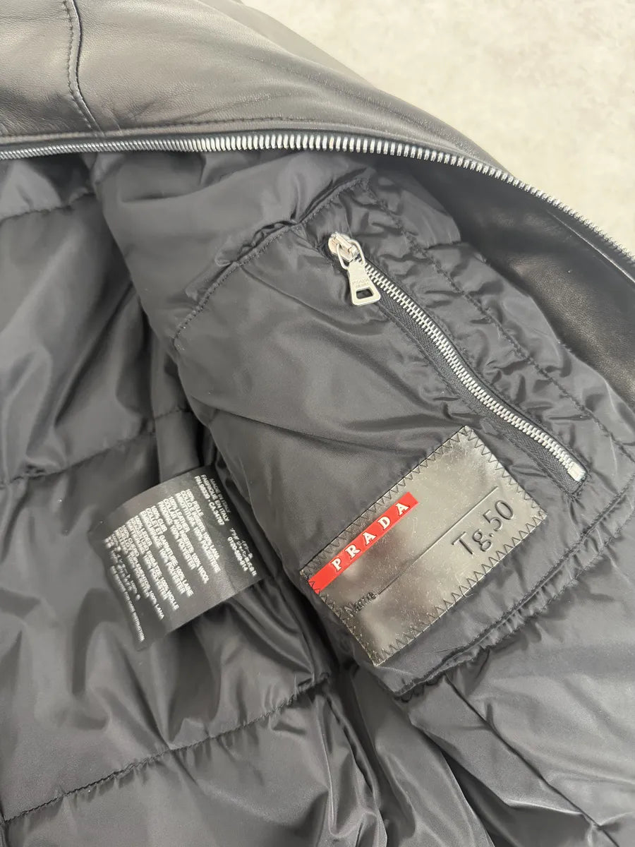 2000s Prada Black Minimalist Biker Leather Jacket MTQTyvZ 11