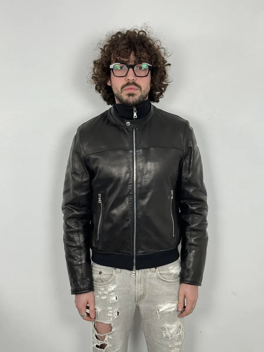2000s Prada Black Minimalist Biker Leather Jacket MTQTyvZ 2