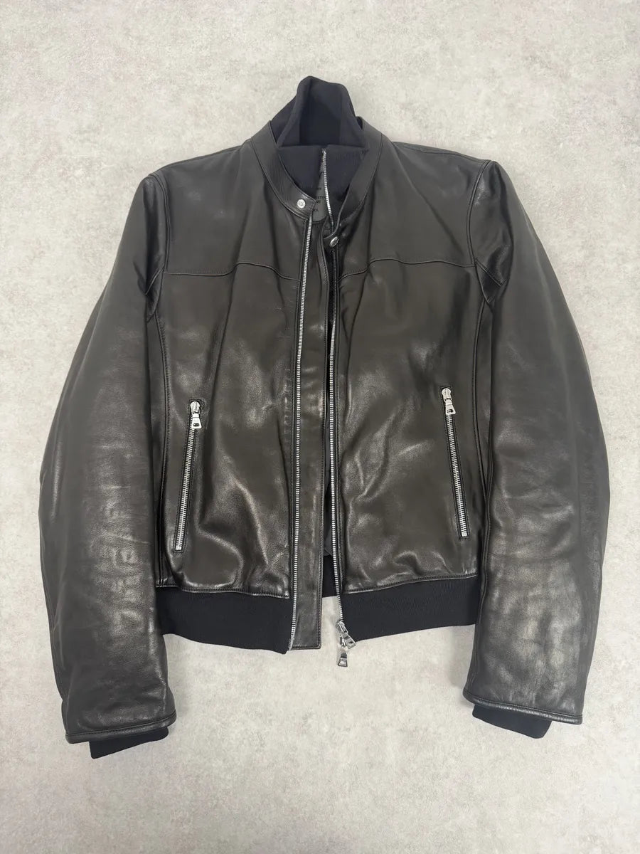 2000s Prada Black Minimalist Biker Leather Jacket MTQTyvZ 4
