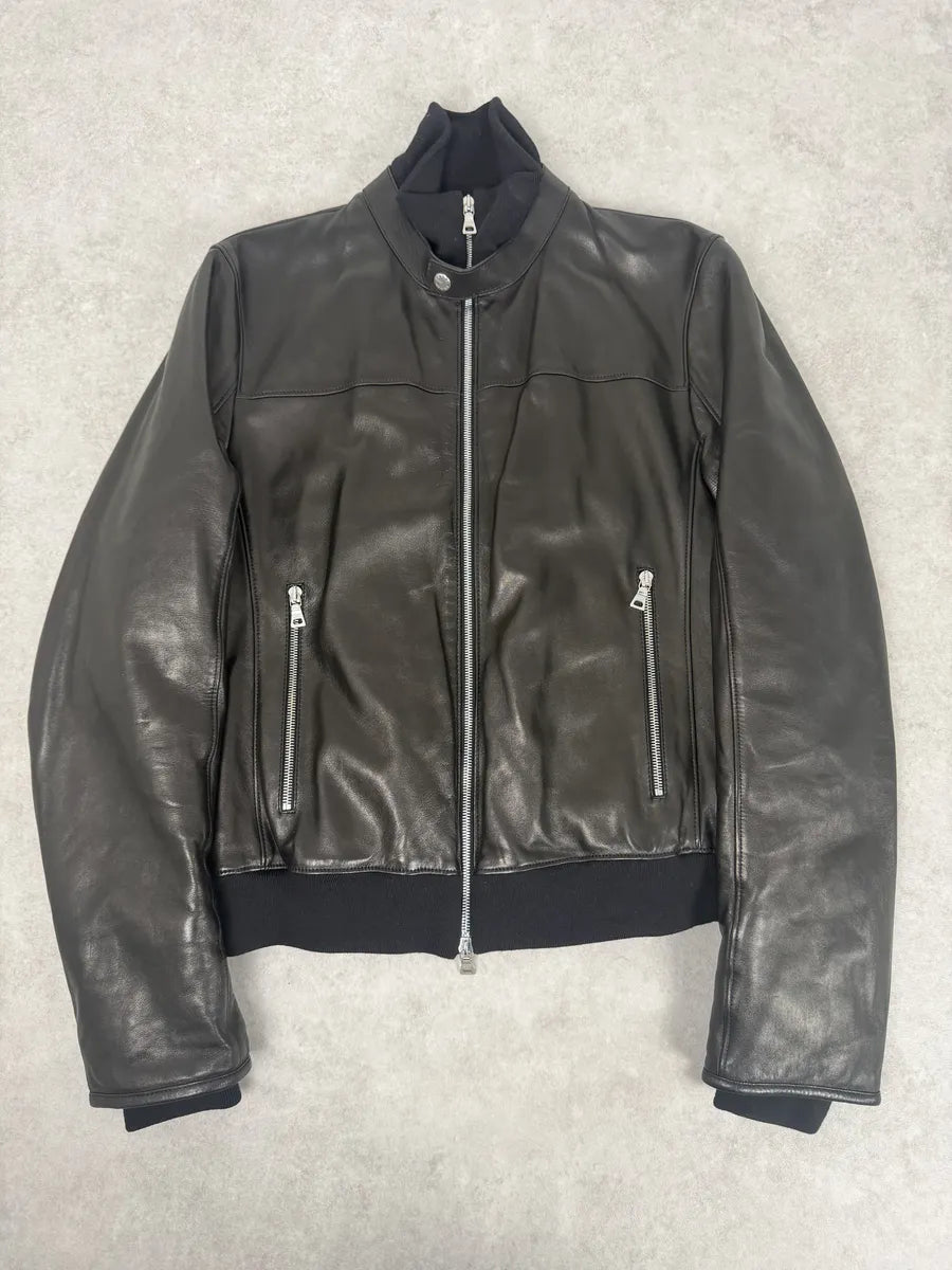 2000s Prada Black Minimalist Biker Leather Jacket MTQTyvZ 5