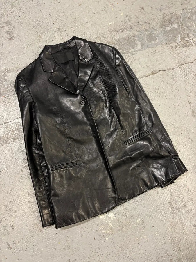 2000s Prada Black Minimalist Leather Blazer Jacket RmuEpMx 3