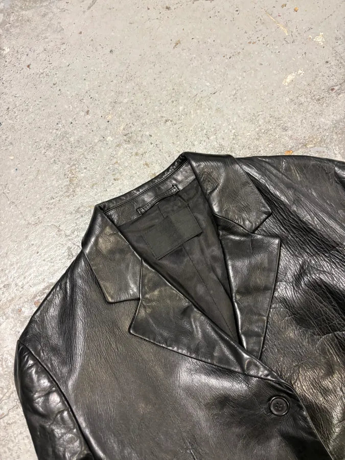 2000s Prada Black Minimalist Leather Blazer Jacket RmuEpMx 4