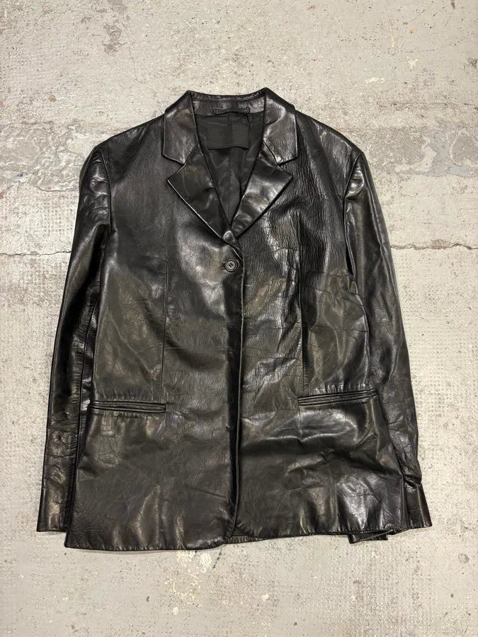 2000s Prada Black Minimalist Leather Blazer Jacket RmuEpMx 0