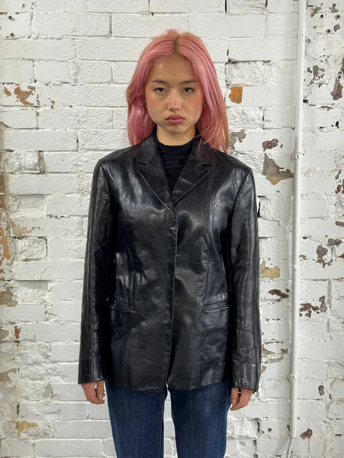 2000s Prada Black Minimalist Leather Blazer Jacket RmuEpMx 1