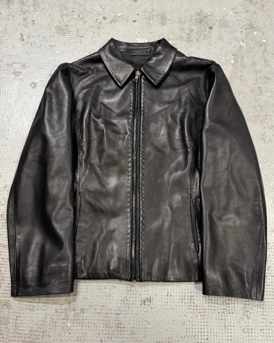 2000s Prada Black Minimalist Leather Jacket YEJtbmC 0