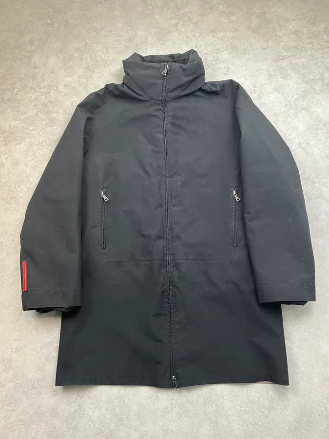 2000s Prada Black Nylon Puffer Lined Long Coat YBFMMEB 0