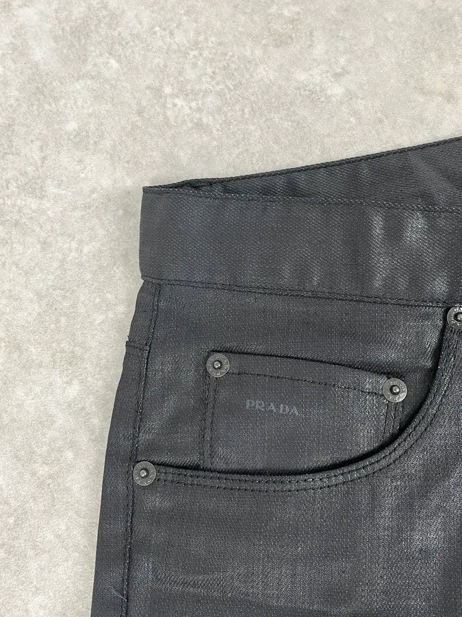 SS2009 Prada Black Obscure Tapered Slim Waxed Effect Denim Jeans dVBRUho 9