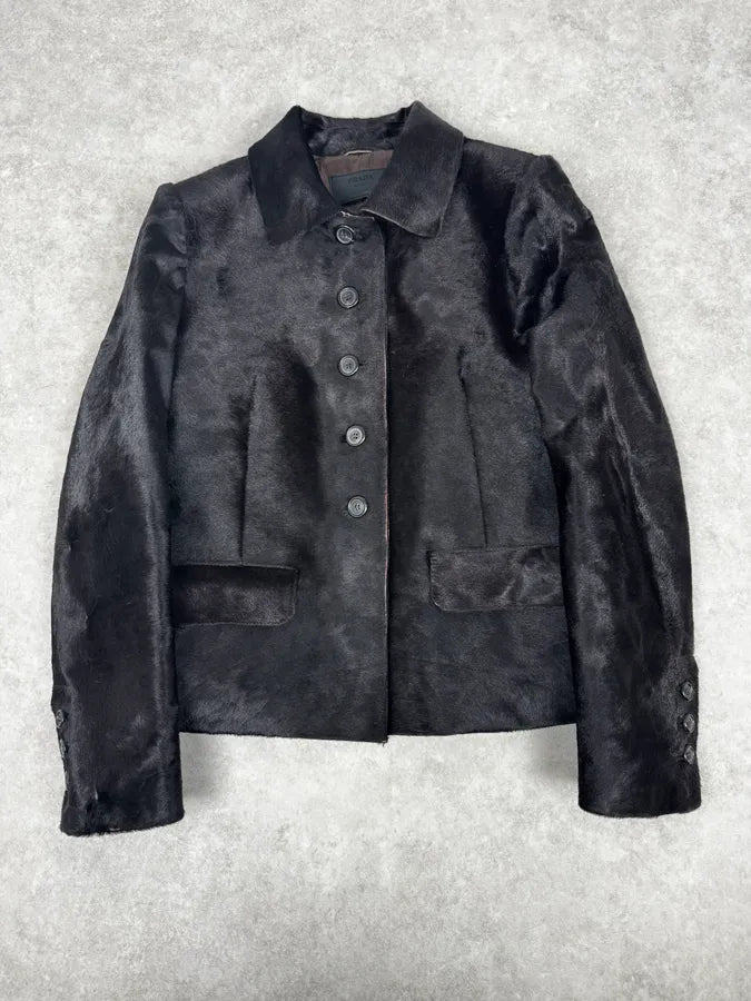 2000s Prada Black Pony Hair Leather Jacket cWvaHrN 0