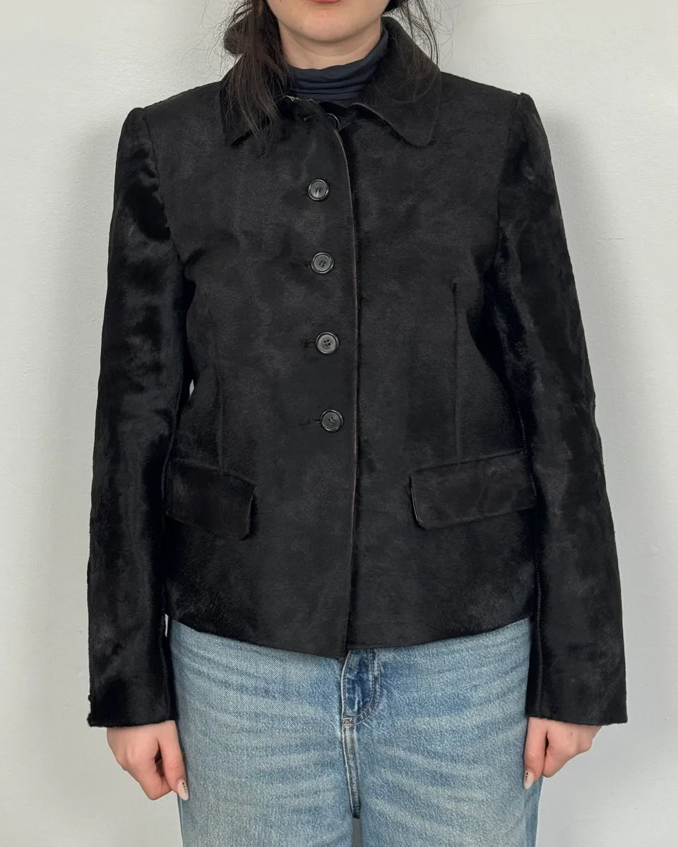 2000s Prada Black Pony Hair Leather Jacket cWvaHrN 1