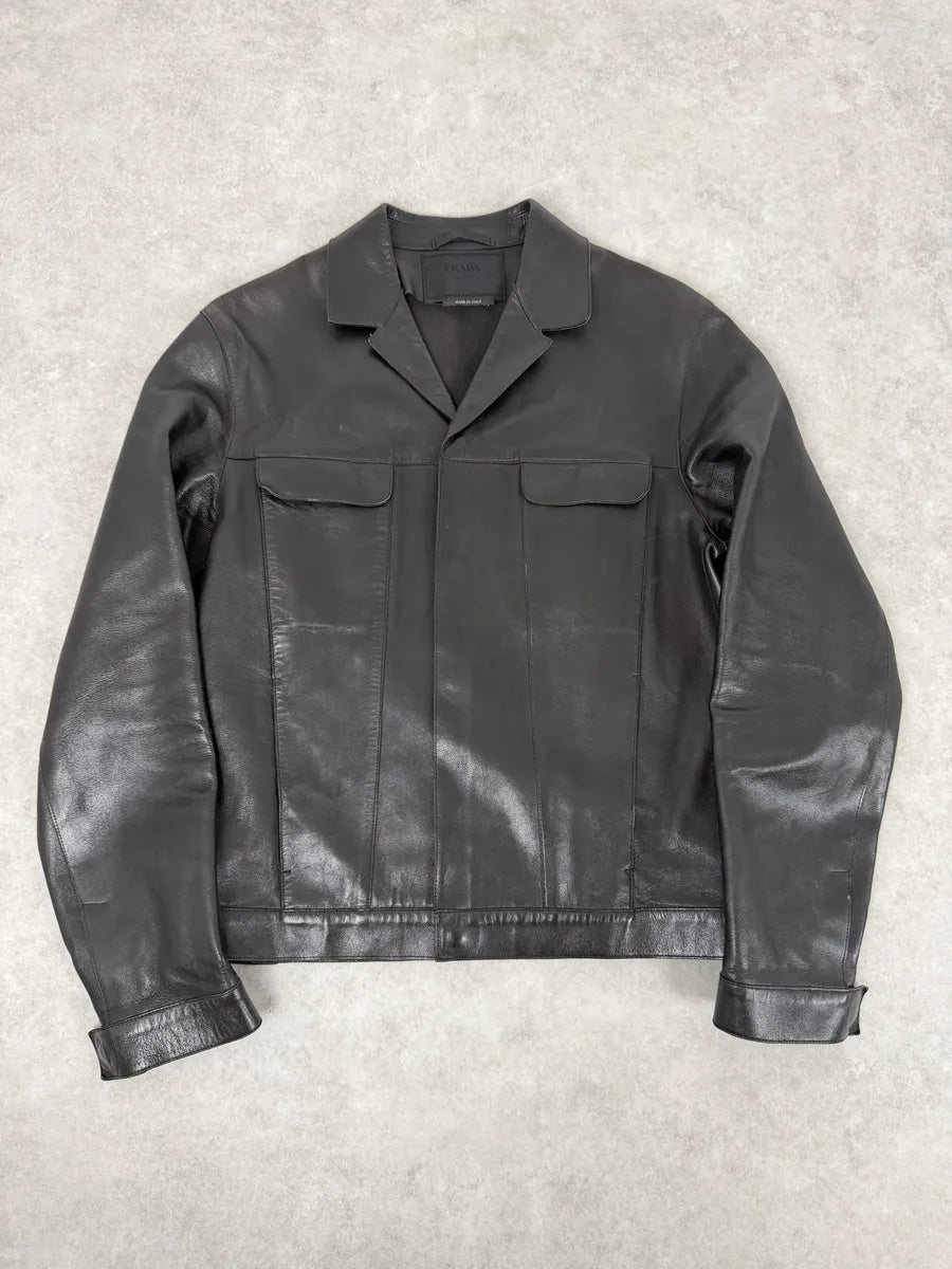 2000s Prada Black Premium Trucker Leather Jacket GDXFBPg 4