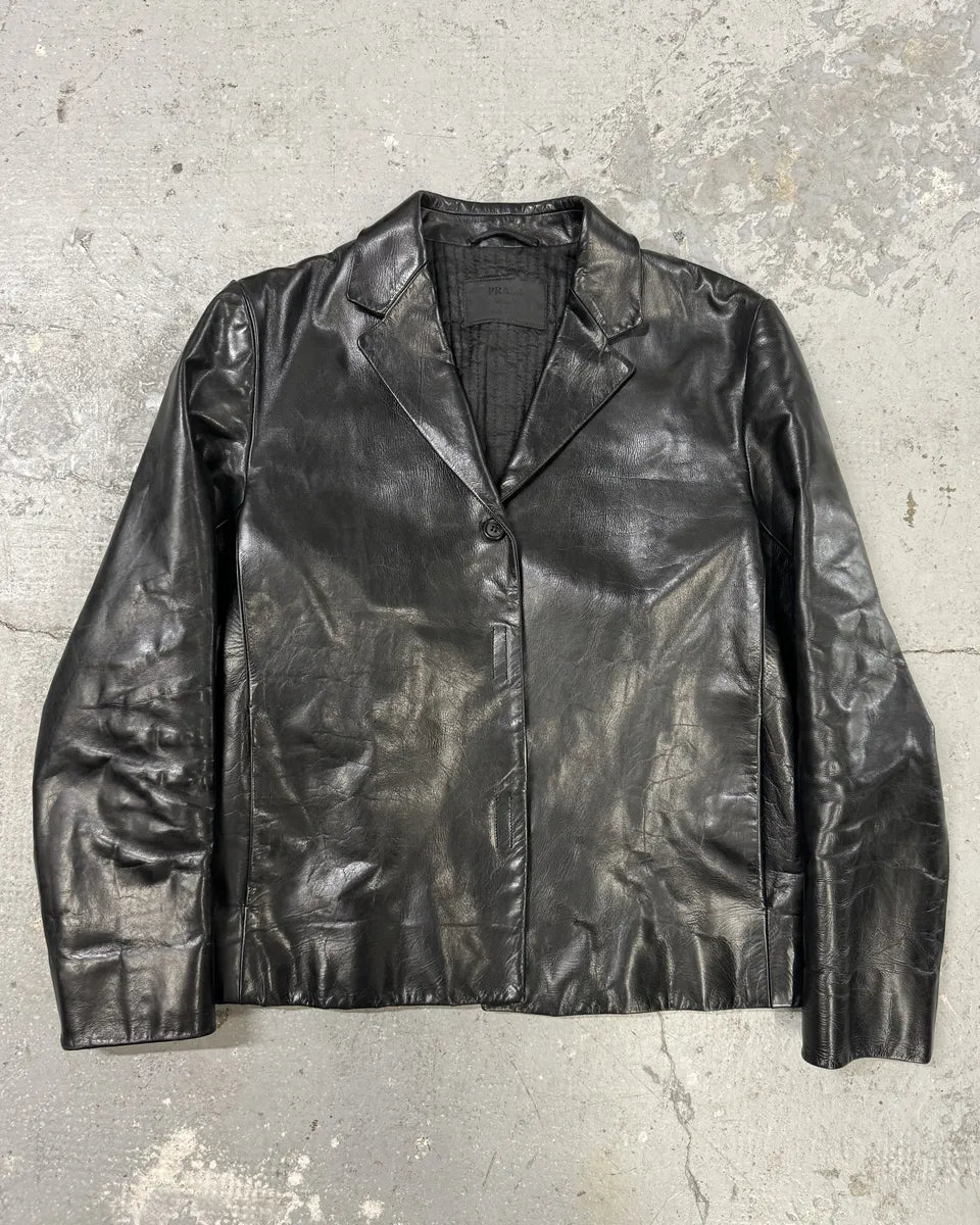 2000s Prada Black Pure Leather Blazer Jacket (S/M) 0