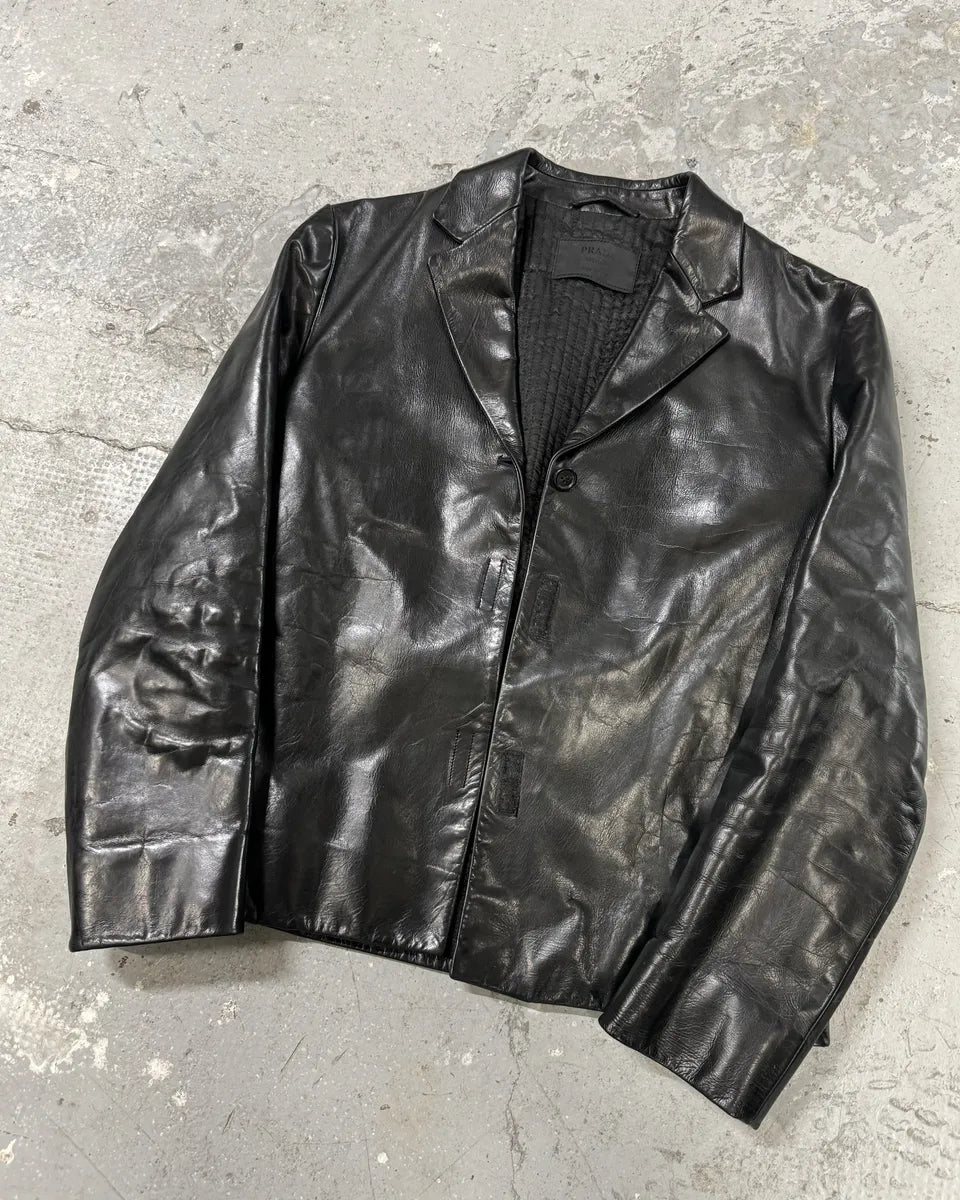 2000s Prada Black Pure Leather Blazer Jacket (S/M) 4