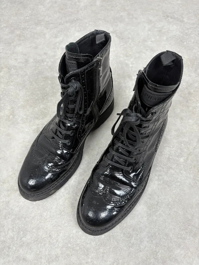2000s Prada Black Satin Leather Classy Boots pJiRCcv 2