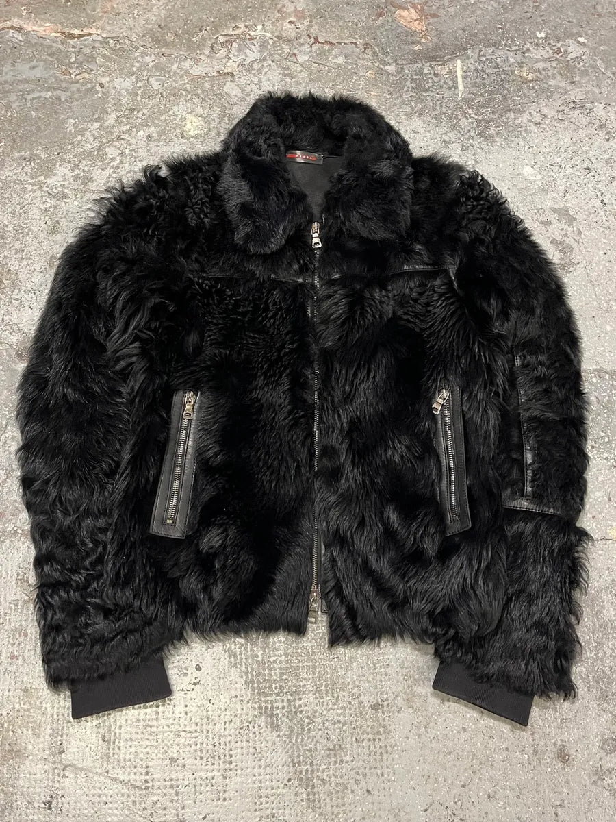 2000s Prada Black Sheep Fur Leather Jacket (S/M) BzDgesT 0