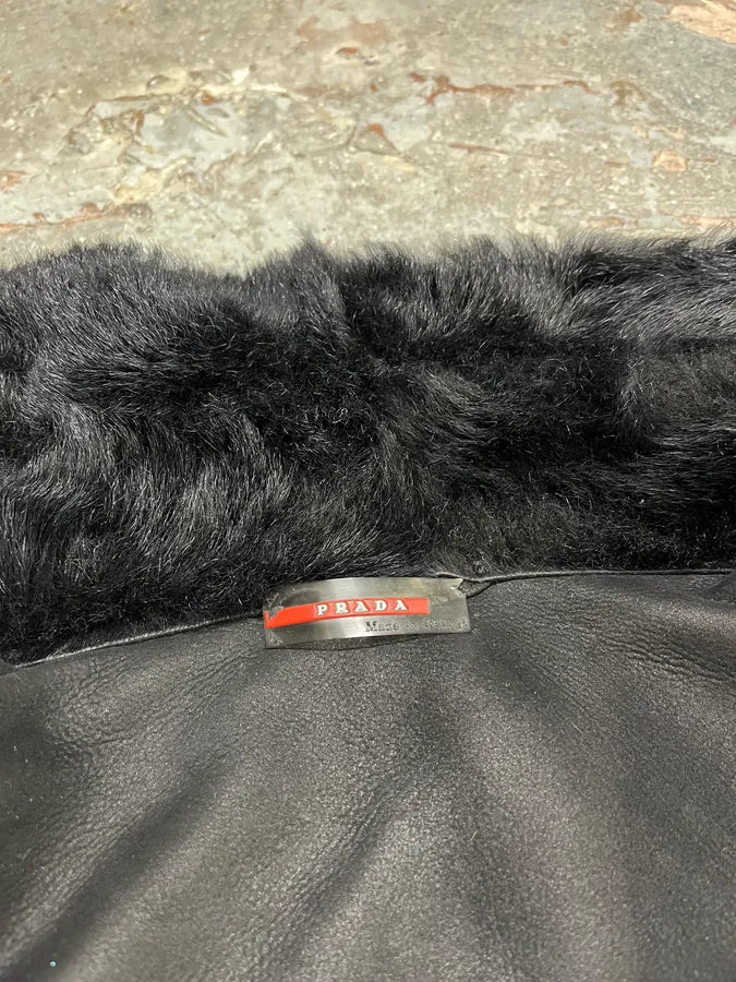 2000s Prada Black Sheep Fur Leather Jacket (S/M) BzDgesT 13