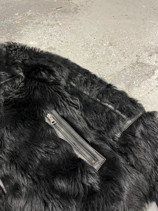 2000s Prada Black Sheep Fur Leather Jacket (S/M) BzDgesT 14