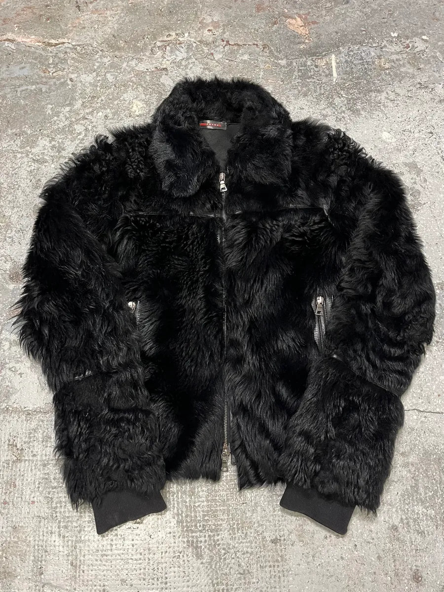 2000s Prada Black Sheep Fur Leather Jacket (S/M) BzDgesT 4