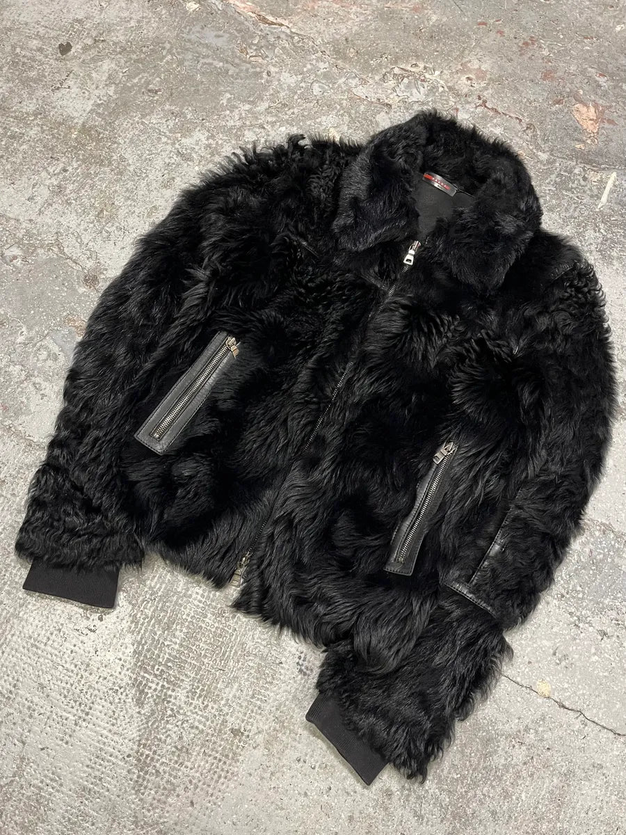2000s Prada Black Sheep Fur Leather Jacket (S/M) BzDgesT 5