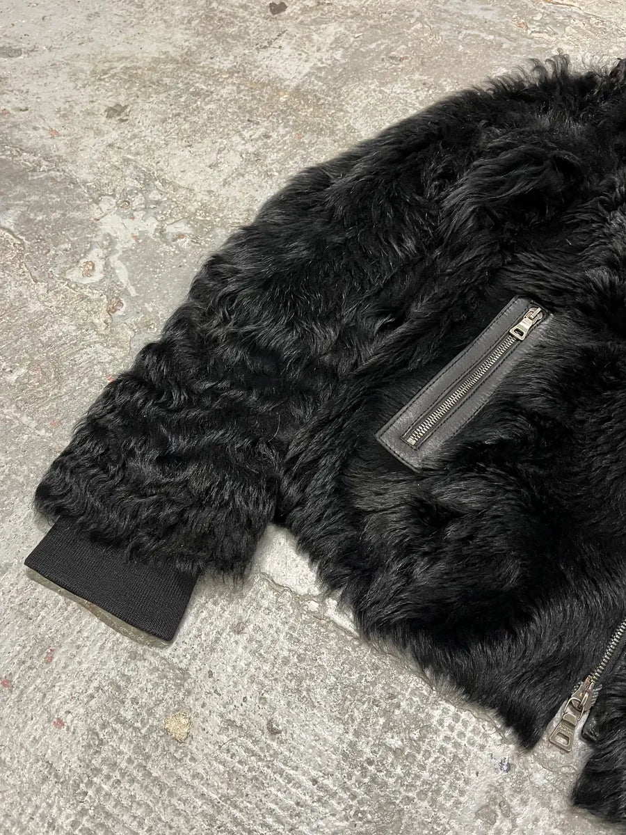 2000s Prada Black Sheep Fur Leather Jacket (S/M) BzDgesT 6